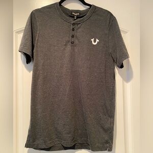 True Religion Mens Gray Short Sleeve Half Button Horseshoe Logo Henley Tee Small